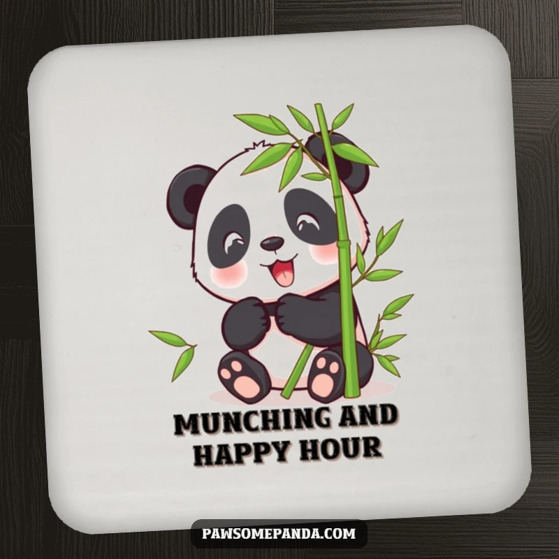 Funny coaster with a happy panda character peacefully eating bamboo, protecting surfaces with natural charm.