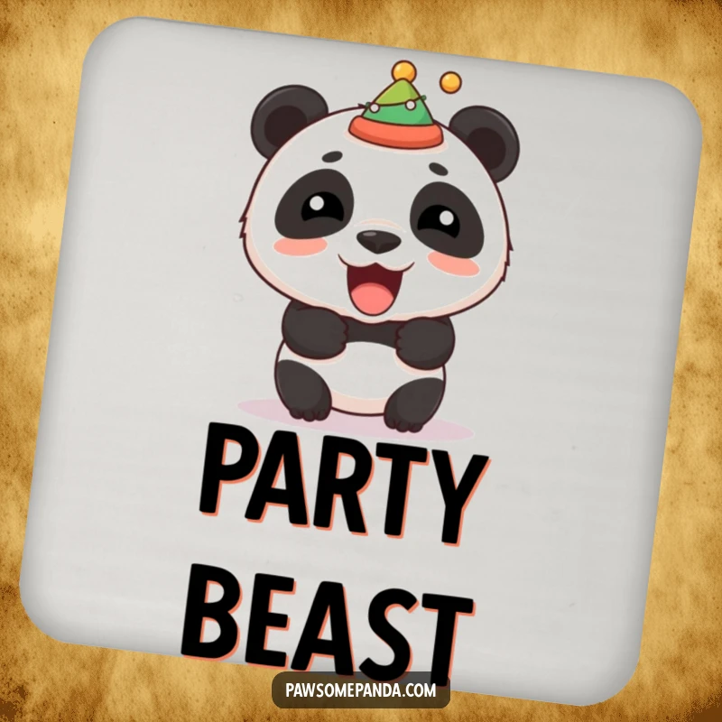 Funny drink coaster featuring a stocky panda roaring with a festive hat, offering protection with a dose of playful celebration.
