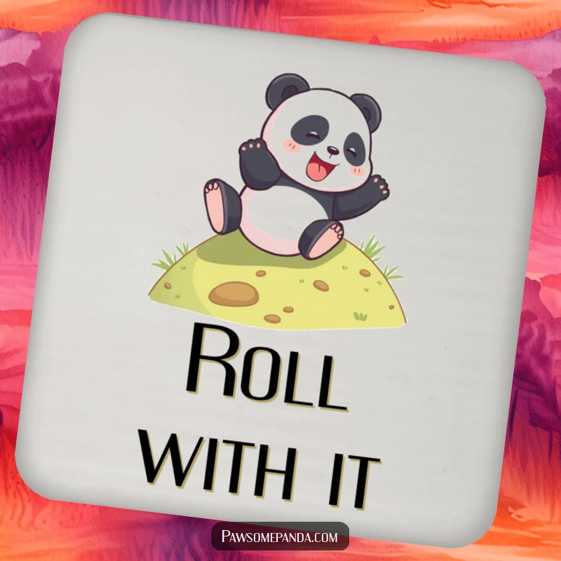 Funny panda rolling down a hill on a drink coaster, adding joyful humor to surfaces.