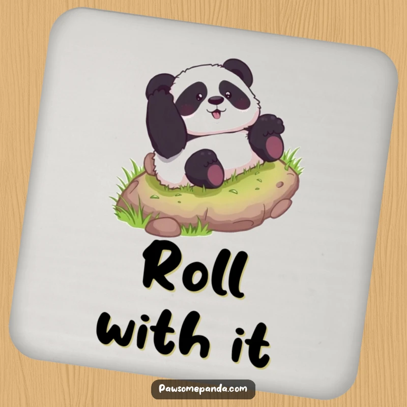 Funny coasters featuring a curious panda character rolling down a grassy hill, protecting furniture with playful charm.