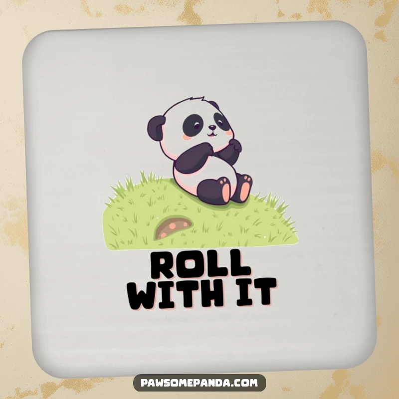 Funny drink coaster featuring a happy panda character rolling down a grassy hill, protecting surfaces with a humorous touch.