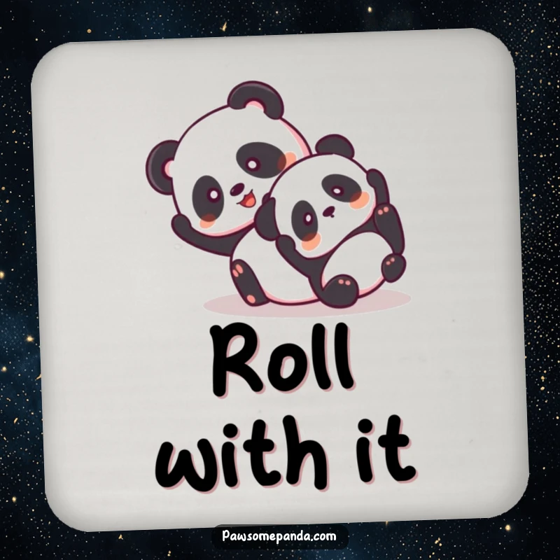 Funny drink coaster depicting two giddy pandas hilariously tumbling together.