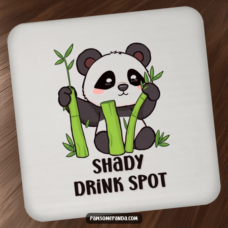 Funny drink coaster with a mischievous panda character hiding behind a bamboo stalk.