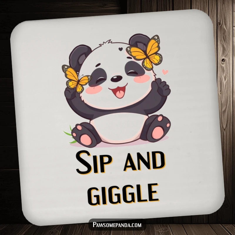 Funny panda coaster showing a panda bear giggling while a butterfly tickles it, for humorous surface protection.