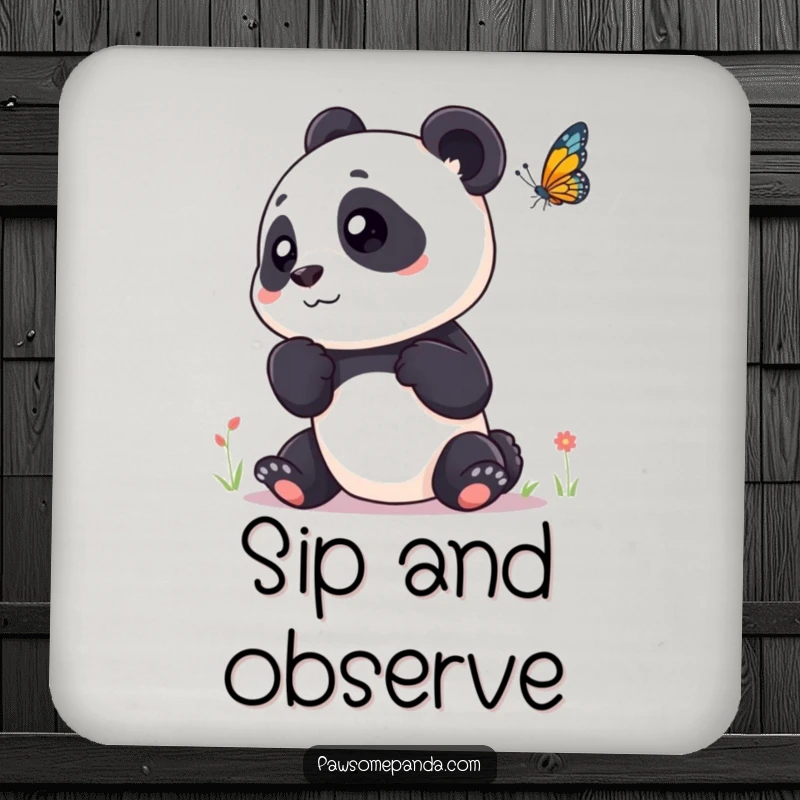 Funny drink coaster with a curious panda tilting its head, observing a butterfly, protecting surfaces.