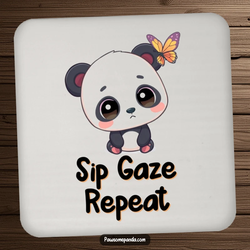 Funny drink coaster with a panda character looking with wide eyes at a butterfly, adding a touch of gentle fascination.