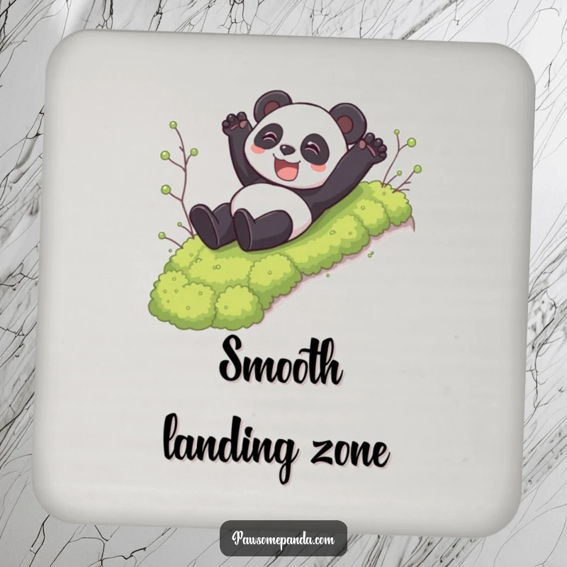 Funny drink coaster set featuring a grinning panda sliding down a mossy hill, protecting furniture with humorous charm.