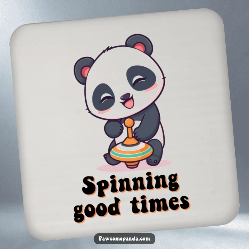 Funny panda drink coaster showing a playful panda character with a mischievous grin trying to balance a spinning top, adding a humorous touch to any tabletop.