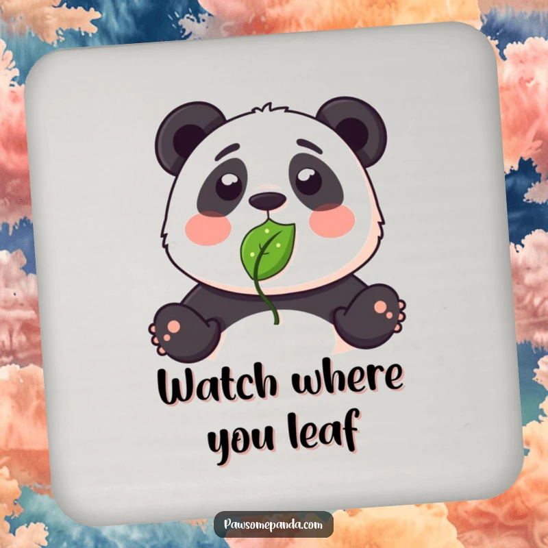 Funny drink coaster depicting a panda with a leaf humorously stuck to its nose, looking surprised.