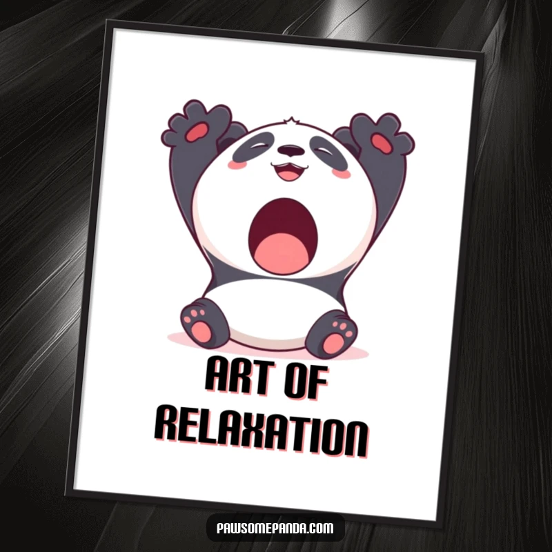 Funny Kawaii Panda Poster featuring a cute panda bear stretching with a big yawn and a smile, ideal for calming decor.