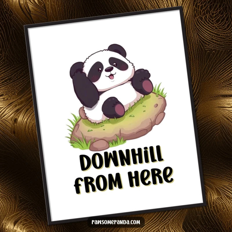 Funny poster showcasing a curious panda character in mid-roll down a grassy hill, exuding playful energy and happiness.