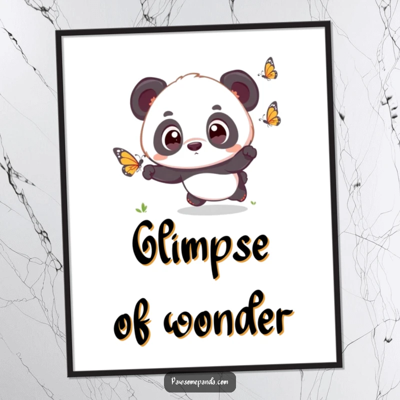 Funny kawaii panda cub with wide, surprised eyes, chasing a butterfly, presented as a charming poster for wall decor.