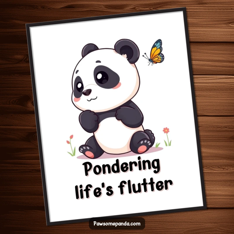 Funny poster featuring a curious panda tilting its head to watch a beautiful butterfly, adding calm nature vibes.