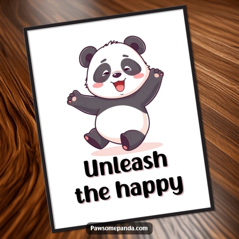 Funny poster featuring a panda character joyfully doing a clumsy dance with its arms in the air.