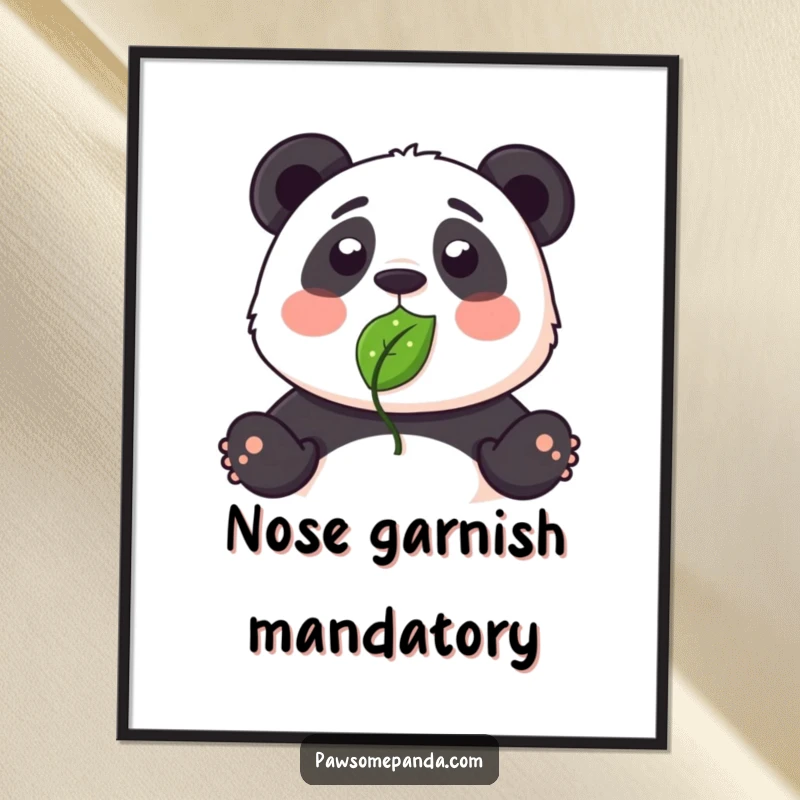 Funny poster showing a panda character with a leaf stuck to its nose in a comically surprised pose.