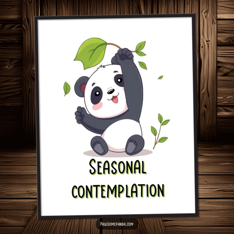 Funny Panda Poster illustrating a character reaching for a falling leaf, offering a serene and humorous wall art piece.