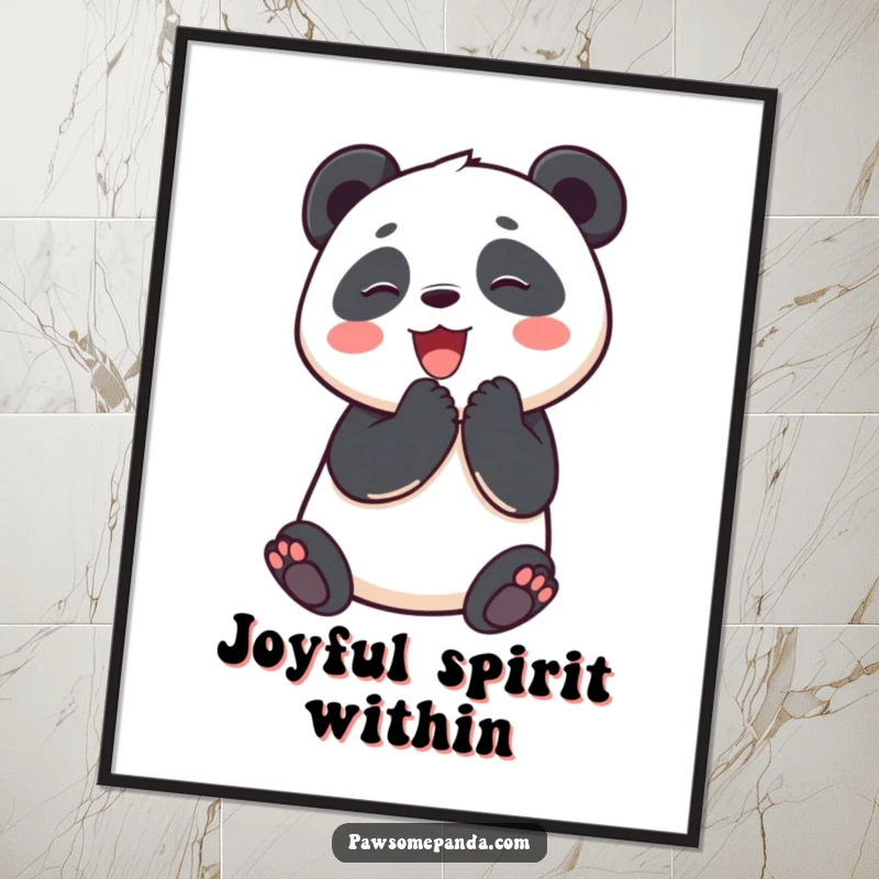 Funny poster showcasing a delighted panda character joyfully clapping its paws together, perfect for uplifting wall art.