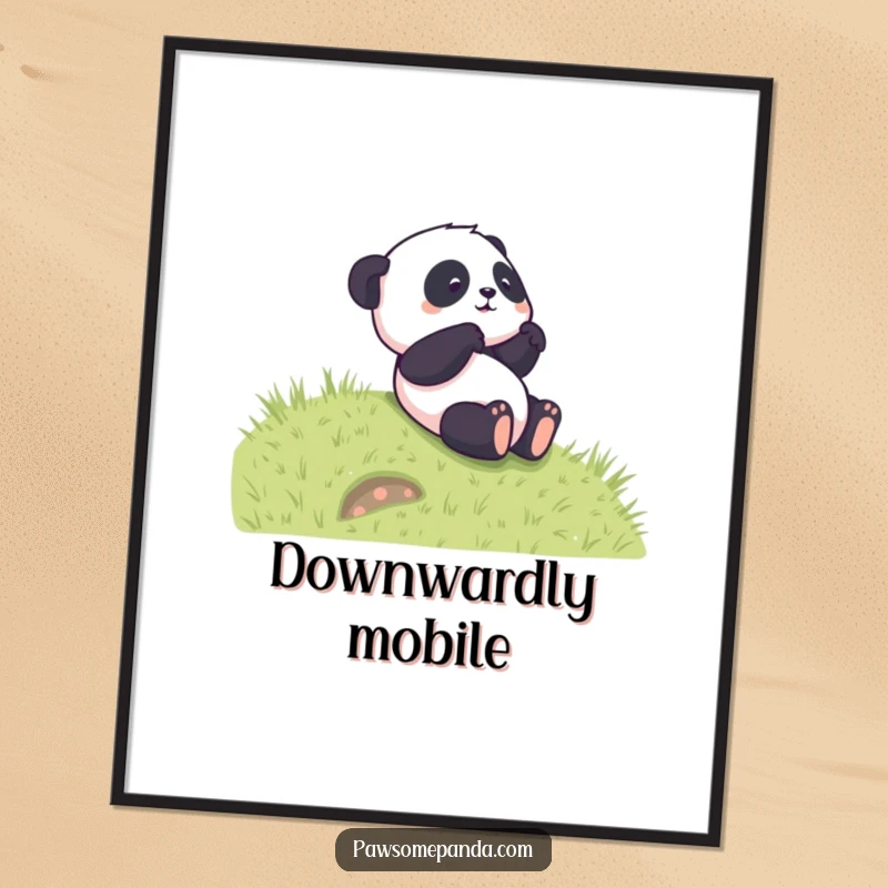 Funny poster displaying a panda character joyfully rolling down a sunlit grassy hill, capturing a moment of pure, cartoonish bliss.
