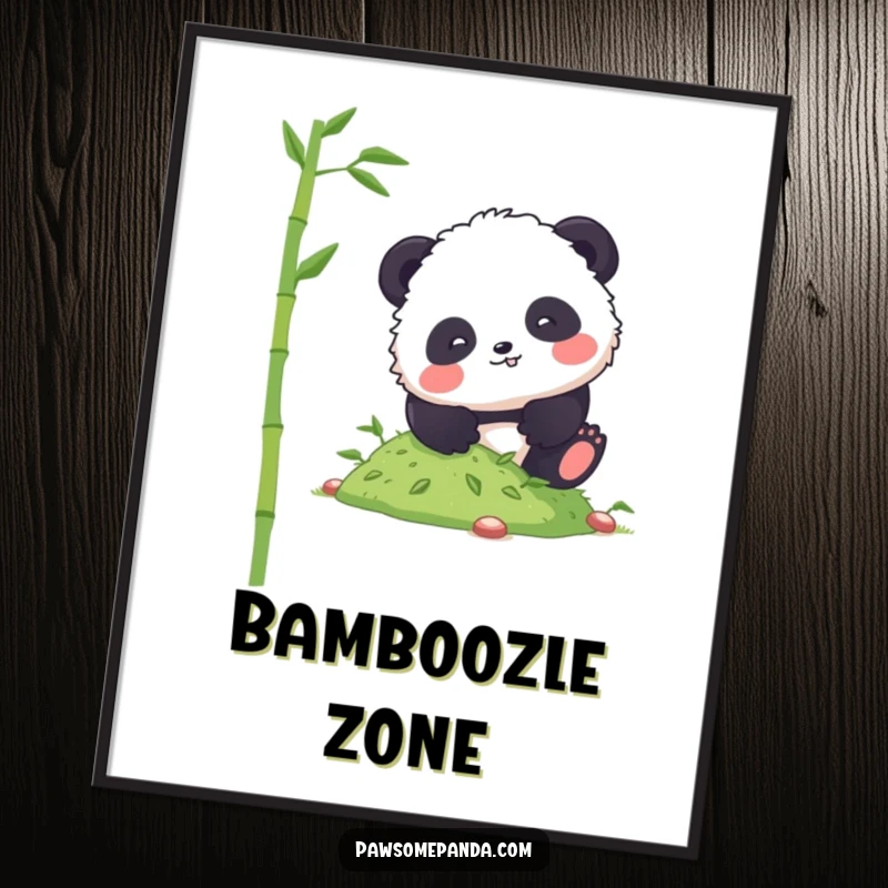 Funny panda poster featuring a fluffy character comically tumbling down a hill of bamboo shoots, adding playful decor.