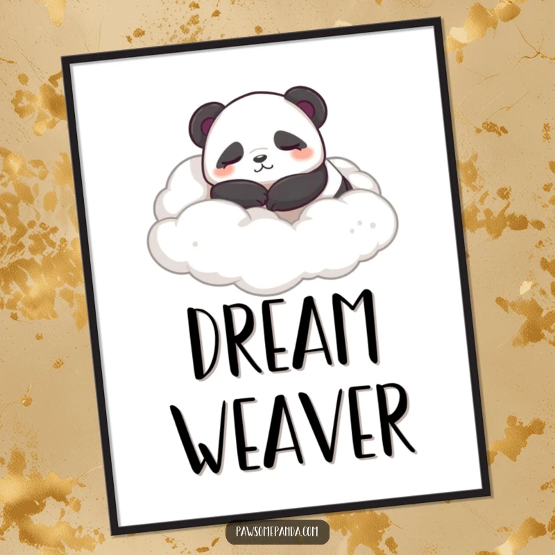 Funny poster featuring a sleepy panda character contentedly rolling in soft, fluffy clouds, inviting peaceful dreams.