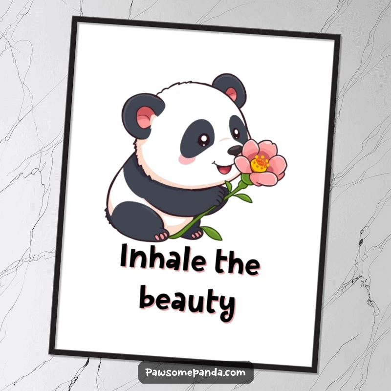 Funny panda poster capturing a curious panda with alert ears, gently sniffing a beautiful blooming flower, radiating quiet wonder.