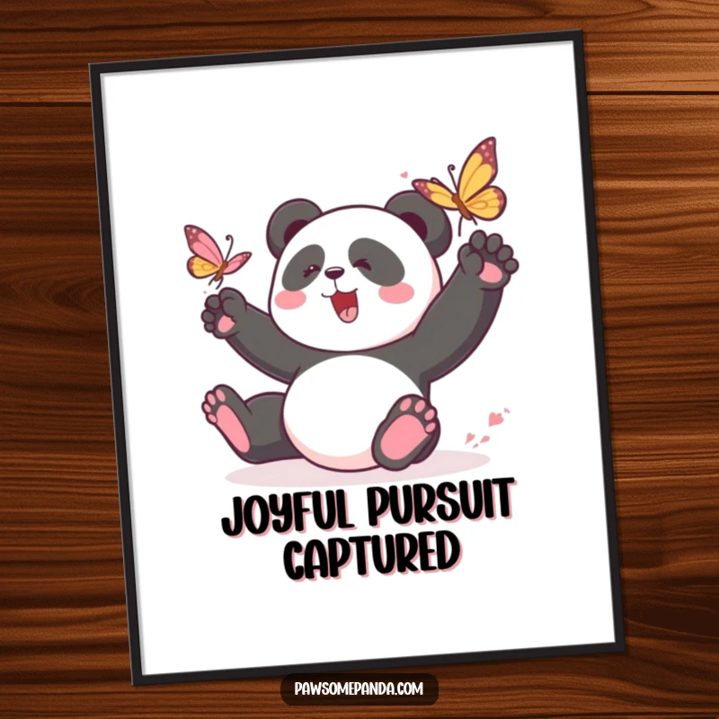 Funny panda poster featuring a playful panda character chasing a butterfly, creating a lively and humorous wall art piece.