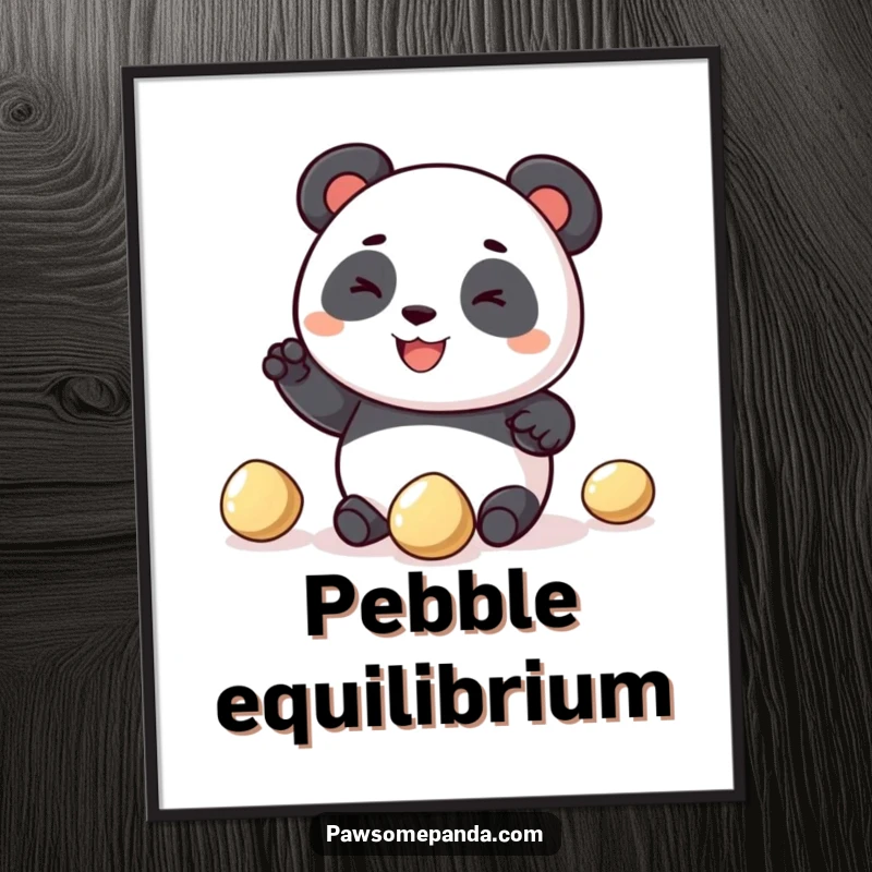 Funny panda poster of a round, grinning panda character trying to juggle three shiny pebbles, radiating pure, unadulterated amusement and charm.