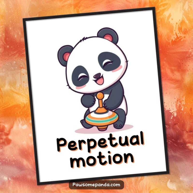 Funny panda poster of a playful panda character with a mischievous grin balancing a spinning top, radiating pure amusement and playful concentration.