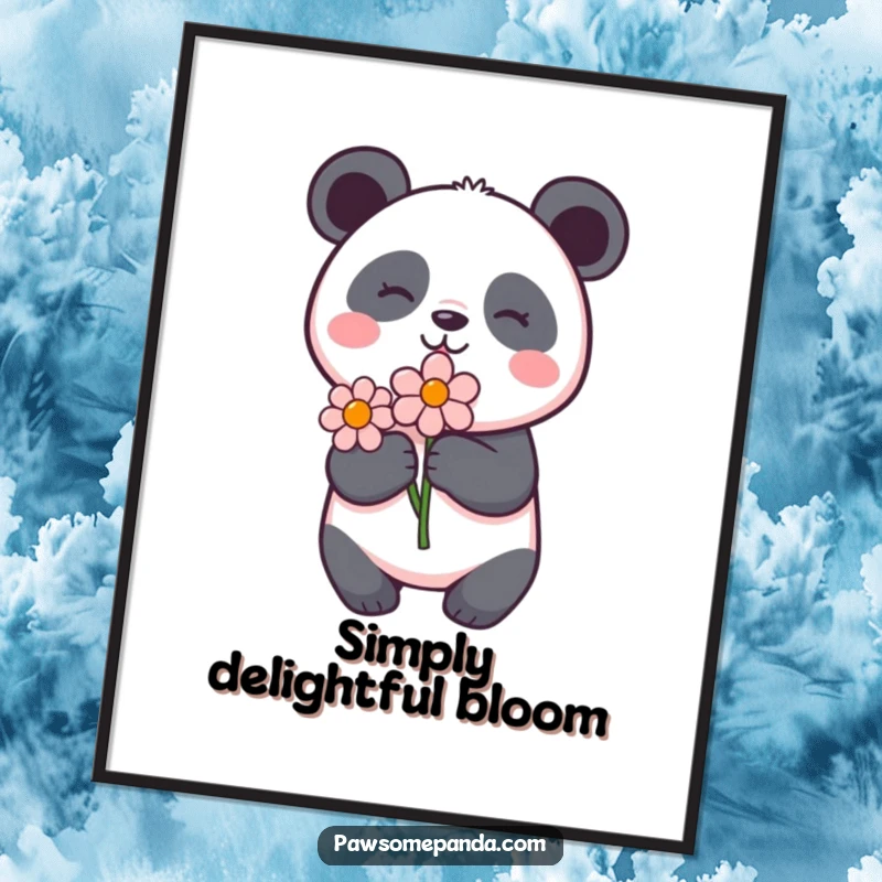 Funny panda poster featuring a joyful panda character holding a flower with delight, creating a heartwarming and cheerful wall art piece.