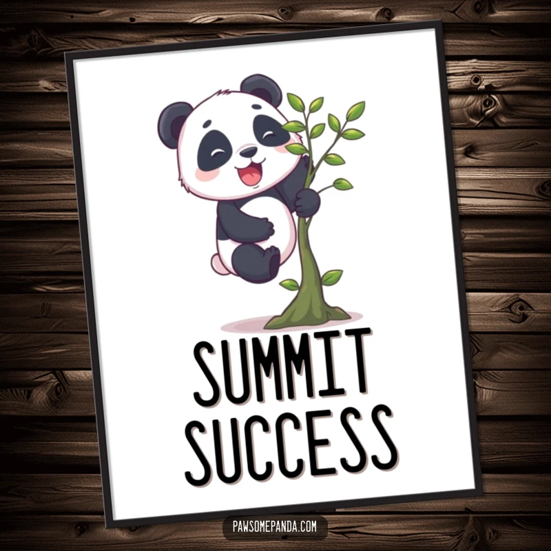 Funny panda poster of a cheerful panda with short legs enthusiastically climbing a tiny tree, radiating pure, heartwarming amusement and determination.