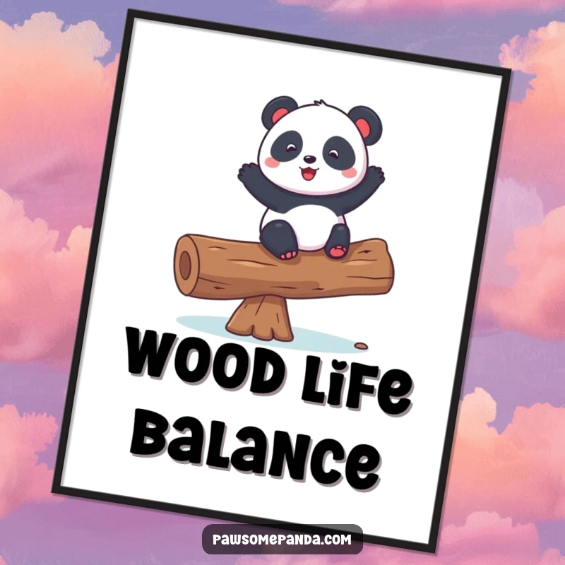 Funny poster depicting a playful panda character balancing steadily on a log, a captivating scene of focus and fun.