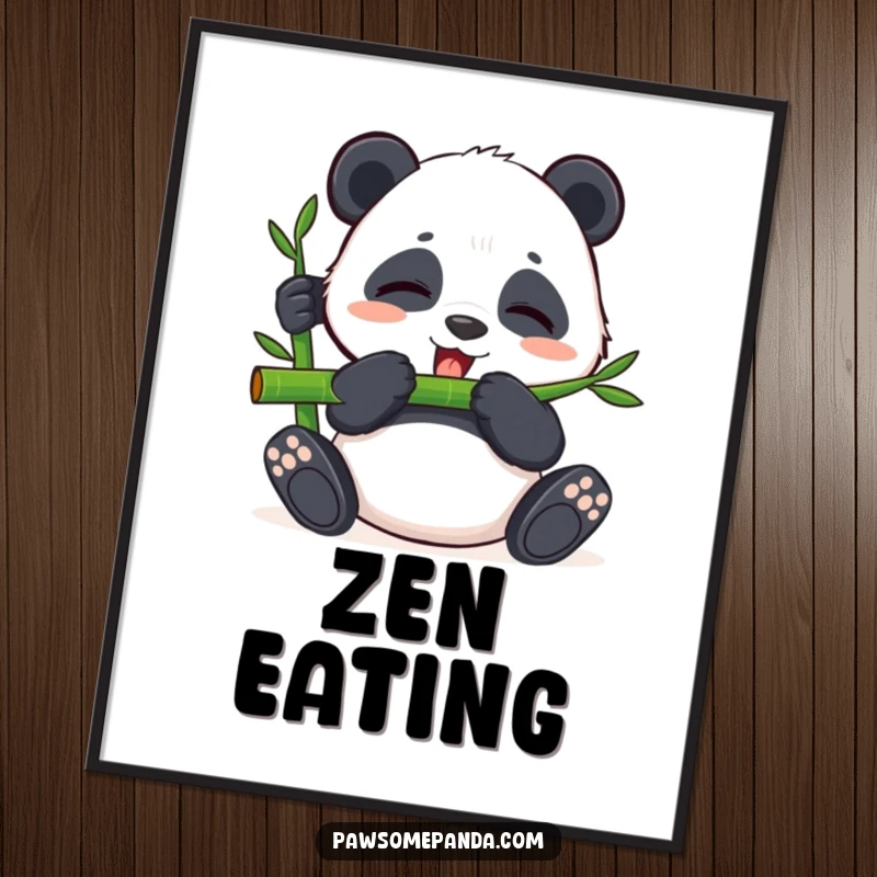 Funny poster print of a content panda blissfully eating bamboo with closed eyes, perfect for calm and serene decor.