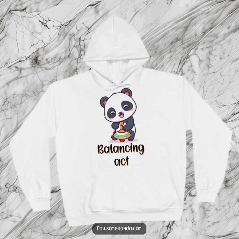Funny panda hoodie featuring a playful panda character with a mischievous grin balancing a spinning top, ideal for cozy, lighthearted wear.