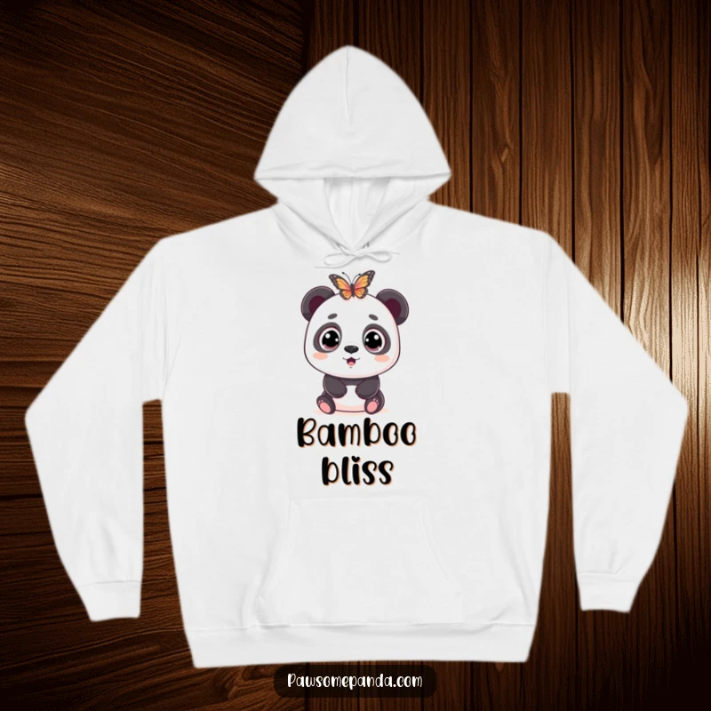 Funny hoodie depicting a wide-eyed panda character in a state of comical surprise and amazement as a butterfly flutters near its face.