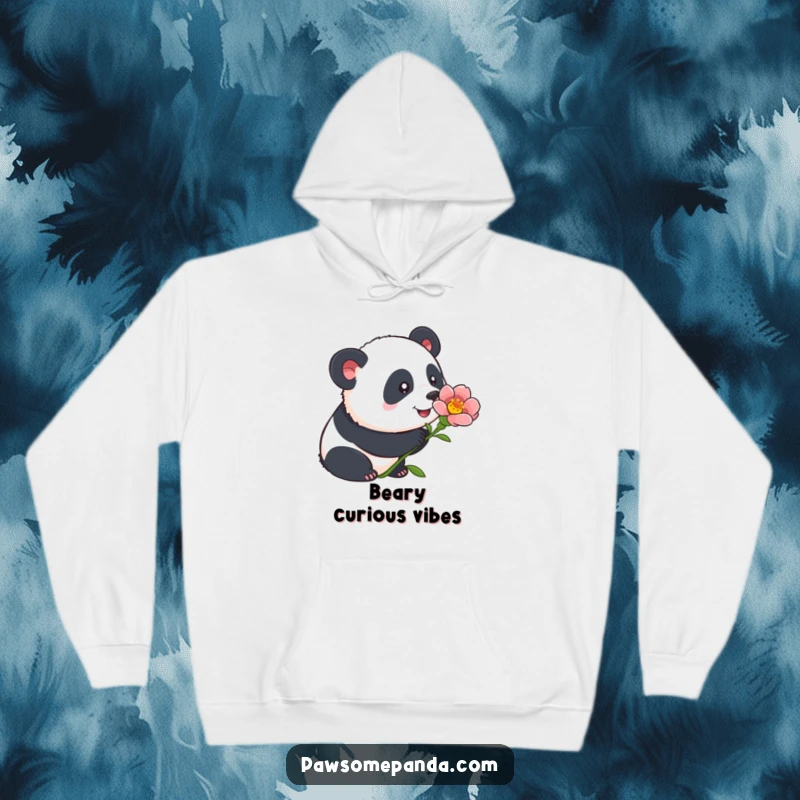 Funny panda hoodie depicting a curious panda gently sniffing a colorful flower, with alert ears, embodying a sense of wonder.