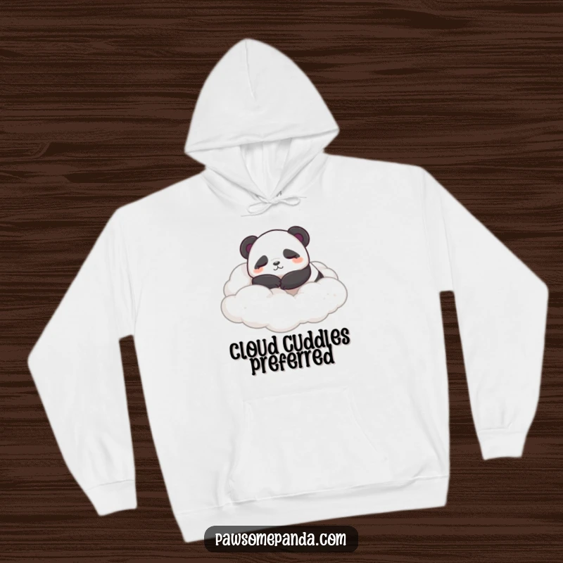 Funny cozy hoodie featuring a sleepy panda character rolling contentedly in a fluffy cloudscape, perfect for relaxation.