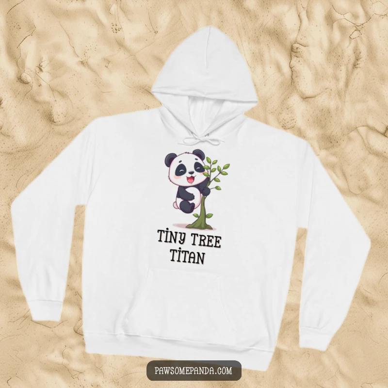 Funny panda hoodie featuring a cheerful panda character with stubby legs enthusiastically climbing a small tree, ideal for cozying up after adventures.