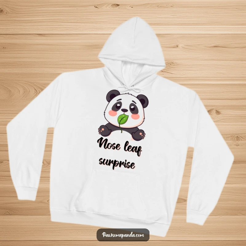 Funny hoodie with a cute panda looking bewildered by a leaf stuck humorously on its nose.