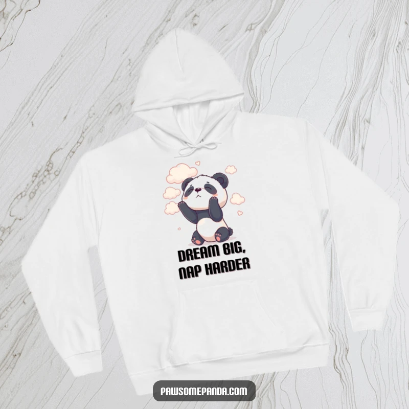 Funny hoodie depicting a relaxed panda character softly looking up at a sky full of clouds.