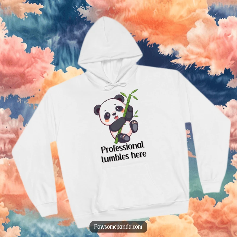 Funny panda hoodie illustrating a panda bear having a blast tumbling down a vibrant bamboo stalk, great for laughs.