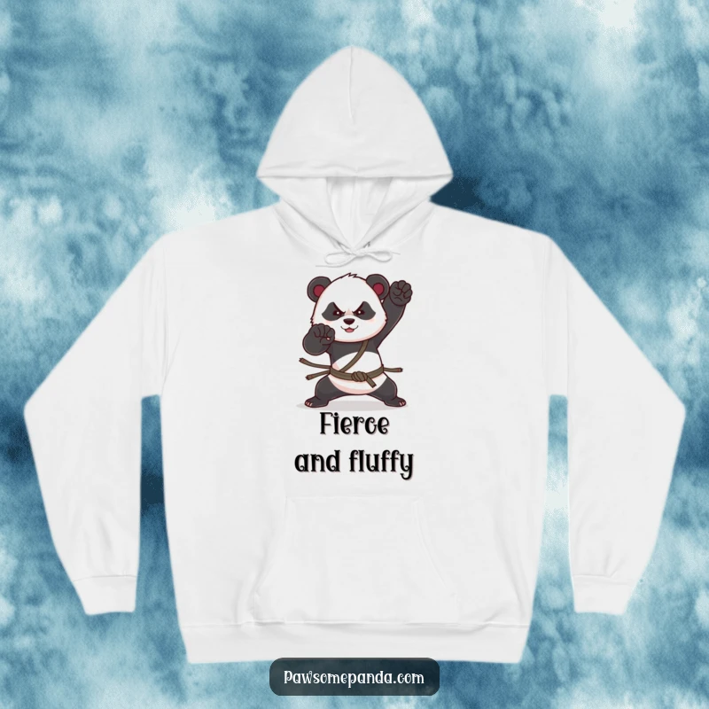 Funny hoodie featuring a panda character in a dynamic martial arts pose, radiating strength and a humorous, confident aura.