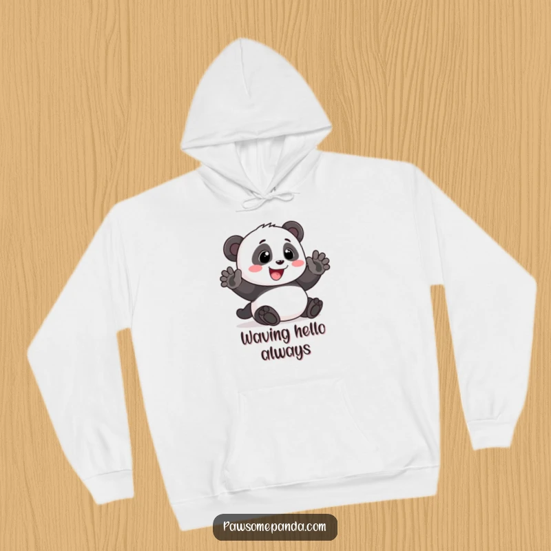 Funny Hoodie: A friendly panda waving with a big smile, offering cozy comfort and hilarious greetings, an ideal funny gift.