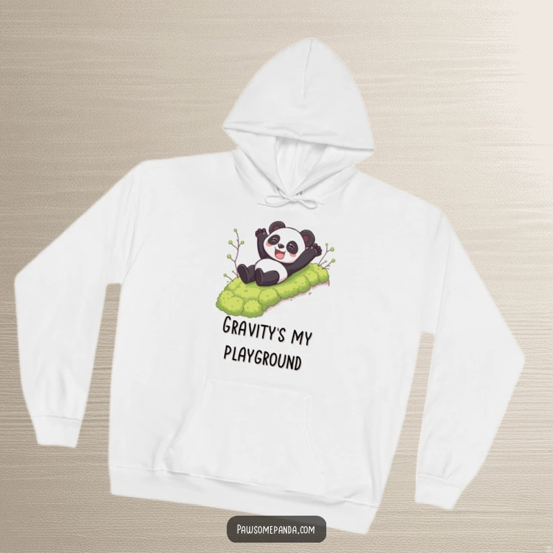 Funny hoodie featuring a delighted panda character sliding down a mossy incline, offering warmth and humorous adventure.