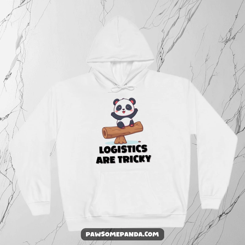 Funny hoodie showing a playful panda character perfectly balanced on a log, a humorous take on concentration and focus.