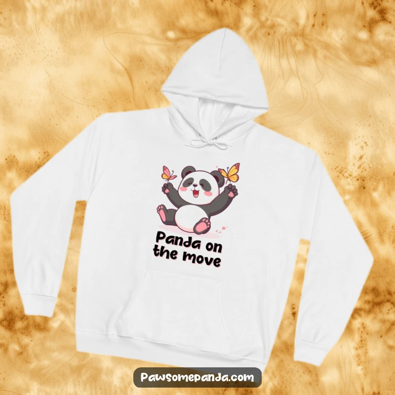Funny panda hoodie featuring a playful panda character chasing a butterfly, offering warmth and a dose of energetic charm.