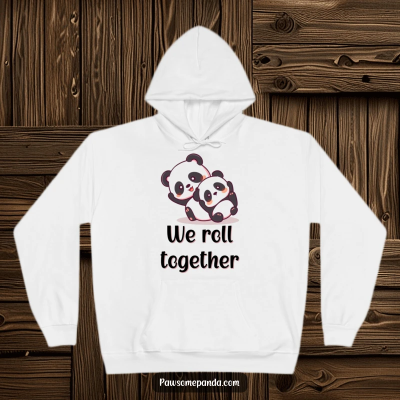 Funny hoodie showing two giddy pandas tumbling playfully together, radiating pure happiness.