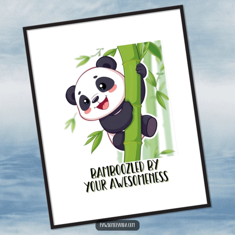 Funny Free Printable Wall Art: A panda bear with a big grin enthusiastically climbing a thick bamboo stalk, adding fun to decor.