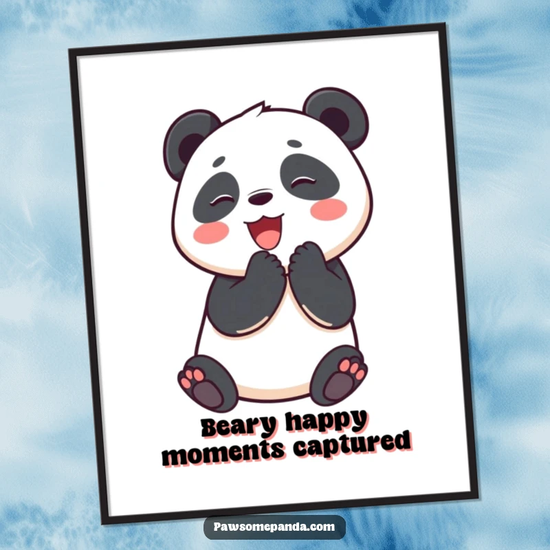 Funny Free Printable Wall Art: A joyful panda character clapping its paws together, a delightful and downloadable piece.