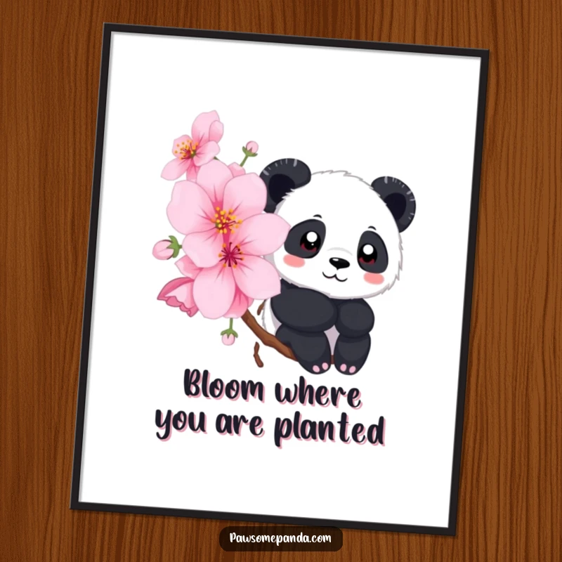 Free Printable Wall Art: Panda character subtly peeking from behind a large, beautiful cherry blossom, downloadable art.