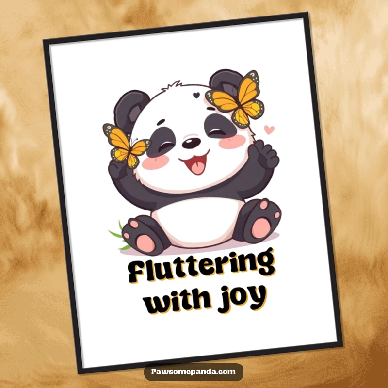 Funny Free Printable Wall Art: A cute panda bear bursting with laughter as a small butterfly tickles its cheek with its wings.